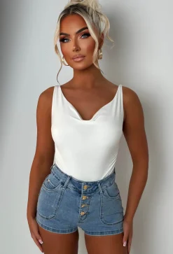 Coco Denim Mid Wash Stretch Denim Gold Button Shorts