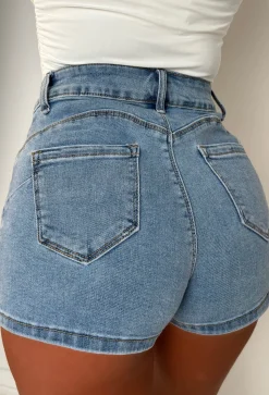 Coco Denim Mid Wash Stretch Denim Gold Button Shorts
