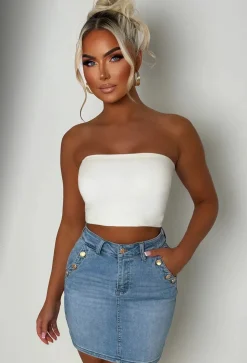 Coco Vibes Mid Wash Stretch Denim Gold Button Mini Skirt