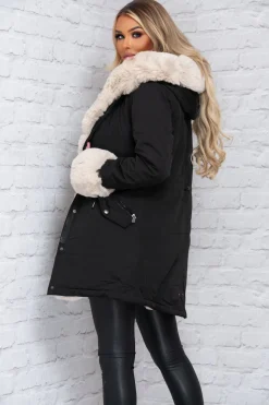 Cocoa Kisses Black Faux Fur Trim Parka Coat