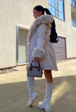Cocoa Kisses Cream Faux Fur Trim Parka Coat