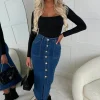 Colette Mid Blue Stretch Maxi Button Up Denim Skirt