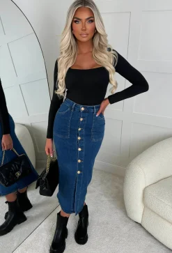 Colette Mid Blue Stretch Maxi Button Up Denim Skirt