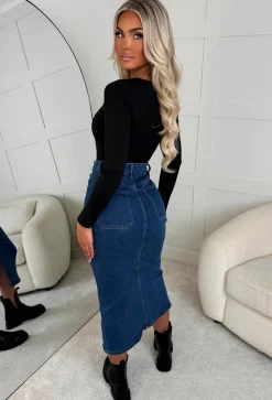 Colette Mid Blue Stretch Maxi Button Up Denim Skirt