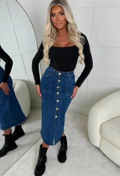 Colette Mid Blue Stretch Maxi Button Up Denim Skirt
