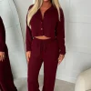 Cosy Icon Burgundy Ribbed Shirt And Trouser Loungewear Set