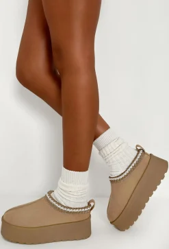 Cosy Luxury Sand Aztec Detail Faux Fur Lining Platform Boot