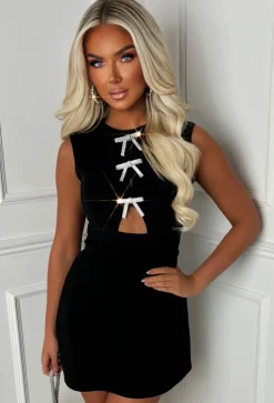 Crystal Black Diamante Bow Front Dress