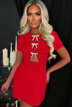 Crystal Days Red Diamante Bow Front Dress