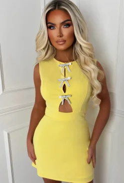 Crystal Lemon Diamante Bow Front Dress