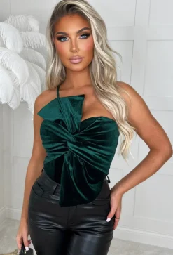 Cute As A Bow Green Bow Front Velvet Bodysuit