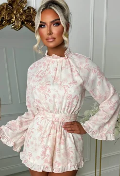 Cutesie Me Pink Frill Neck Backless Printed Playsuit