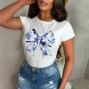 Cutesy Mood White Blue Floral Bow Fitted T-Shirt