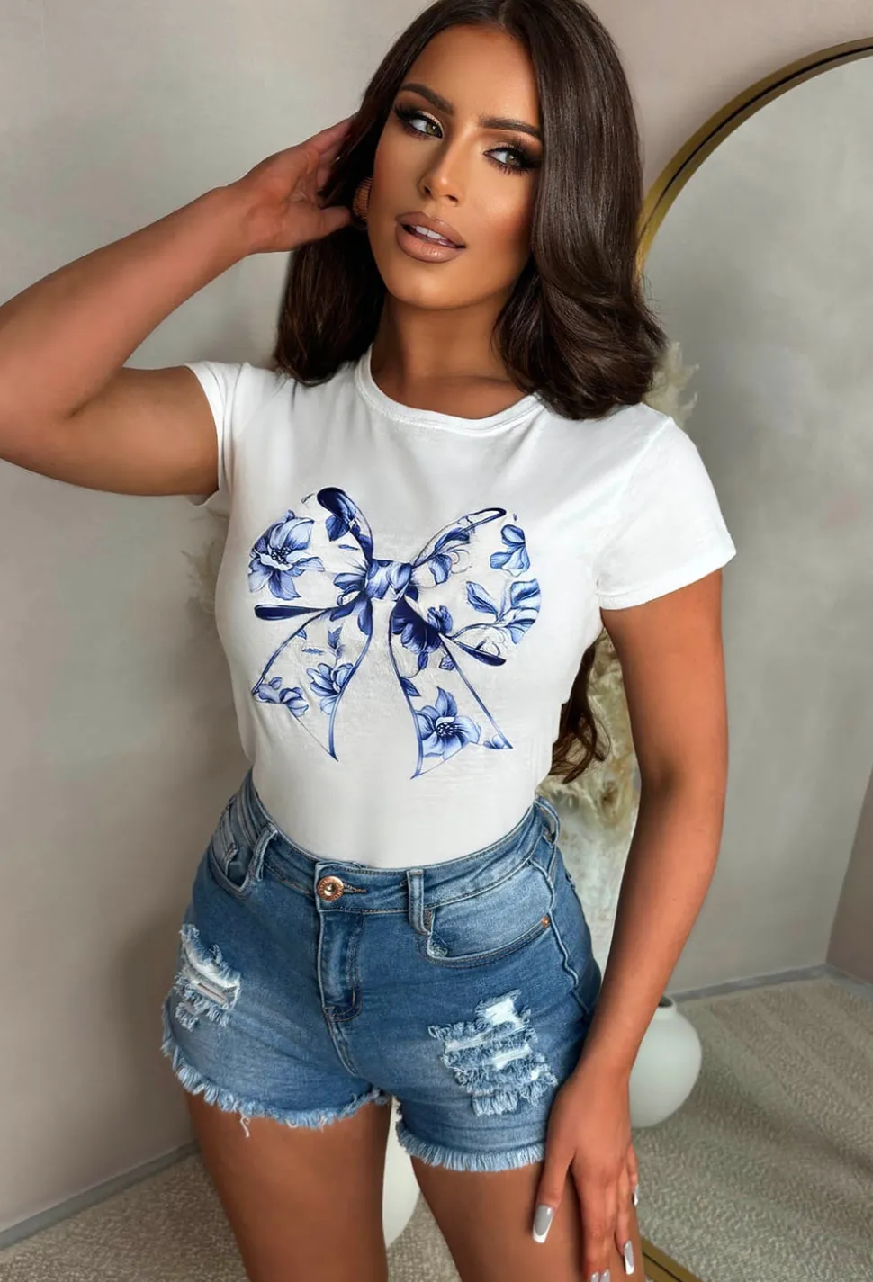 Cutesy Mood White Blue Floral Bow Fitted T-Shirt