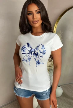 Cutesy Mood White Blue Floral Bow Fitted T-Shirt