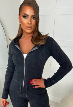 Dakota Grey Acid Wash Zip Up Two Piece Loungewear Set