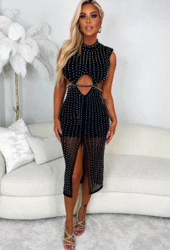 Dazzled By Pearls Black Embellished Sleeveless Mesh Lined Midi Dress