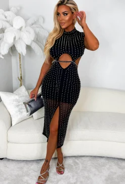 Dazzled By Pearls Black Embellished Sleeveless Mesh Lined Midi Dress