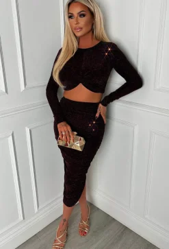 Dazzling Bronze Lurex Stretch Ruched Midi Skirt