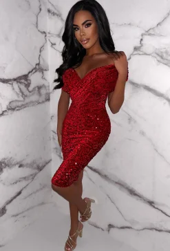 Dazzling Darling Red Sleeveless Sequin Midi Dress