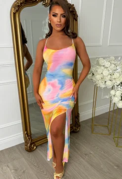 Deep Dive Desire Multi Abtract Print Cowl Neck Cross Back Mesh Dress