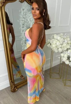 Deep Dive Desire Multi Abtract Print Cowl Neck Cross Back Mesh Dress