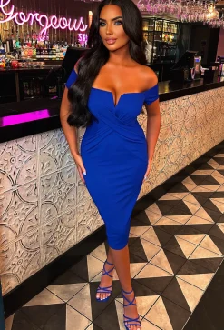 Deluxe Darling Cobalt Bardot Cross Over Details Stretch Midi Dress