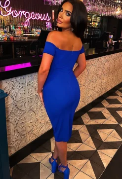 Deluxe Darling Cobalt Bardot Cross Over Details Stretch Midi Dress