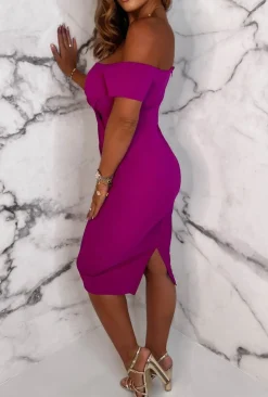 Deluxe Darling Magenta Bardot Cross Over Detail Stretch Midi Dress