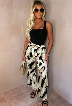 Deluxe Days Beige Printed Elasticated Trousers