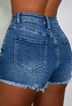 Denim Cutie Mid Blue Cut Off Denim Stretch Shorts