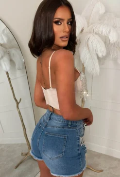 Denim Delight Mid Wash Denim Tassel Shorts
