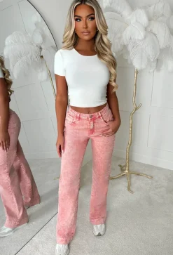 Denim Design Pink Stretch Wide Leg Washed Jeans