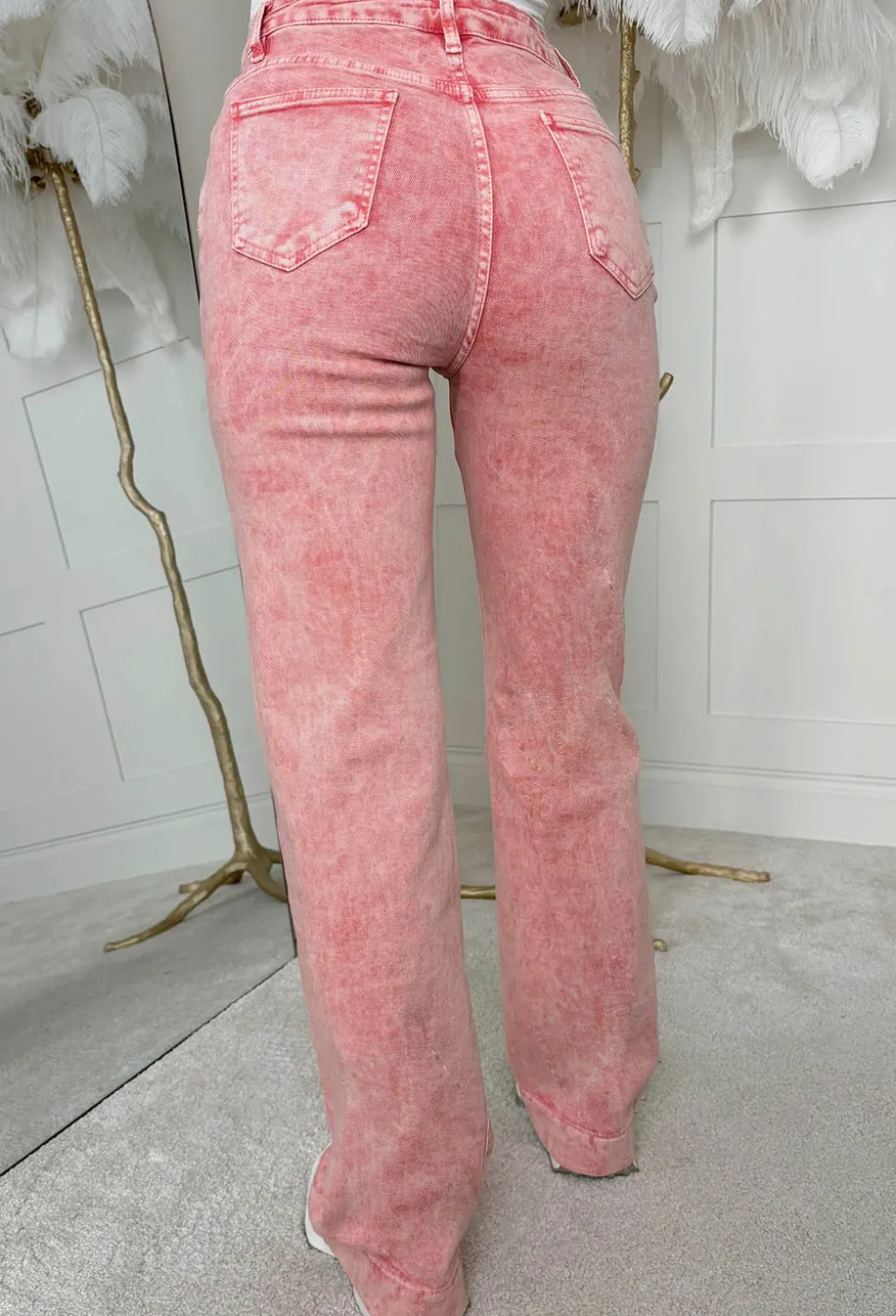 Denim Design Pink Stretch Wide Leg Washed Jeans