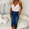Denim Dynasty Mid Blue Stretch Frayed Hem Midi Denim Skirt