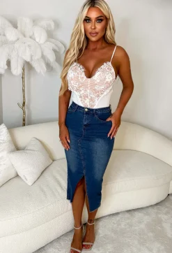 Denim Dynasty Mid Blue Stretch Frayed Hem Midi Denim Skirt