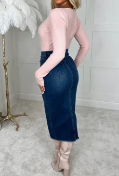 Denim Dynasty Mid Blue Stretch Frayed Hem Midi Denim Skirt