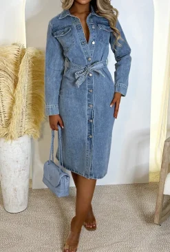 Denim Envy Blue Belted Button Up Long Sleeve Denim Midi Dress