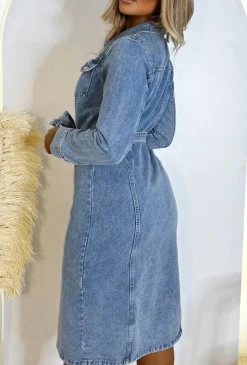 Denim Envy Blue Belted Button Up Long Sleeve Denim Midi Dress