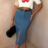 Denim Perfection Mid Blue Stretch Denim Midi Skirt