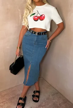 Denim Perfection Mid Blue Stretch Denim Midi Skirt