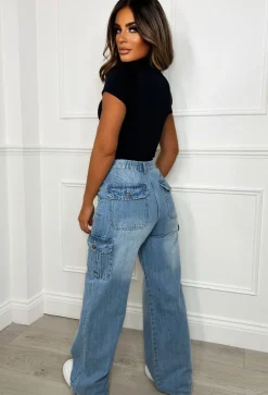 Denim Revolution Mid Blue Cargo Denim Wide Leg Stretch Jeans