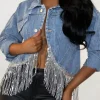 Denim Shimmy Mid Blue Denim Jacket With Sequin Tassel Detail