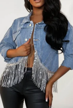 Denim Shimmy Mid Blue Denim Jacket With Sequin Tassel Detail