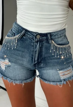 Denim Shivers Light Wash Denim Tassel & Diamante Shorts
