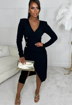 Designer Vibes Black Long Sleeve Button Detail Cinched Waist A-Line Dress
