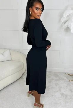 Designer Vibes Black Long Sleeve Button Detail Cinched Waist A-Line Dress