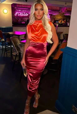 Desirable Luxe Hot Pink Colour Contrast Stretch Satin Ruched High Neck Midi Dress