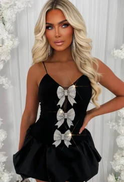 Diamond Divine Black Diamante Bow Puff Ball Dress