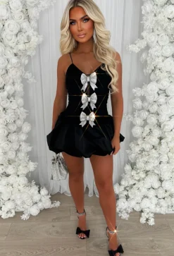 Diamond Divine Black Diamante Bow Puff Ball Dress
